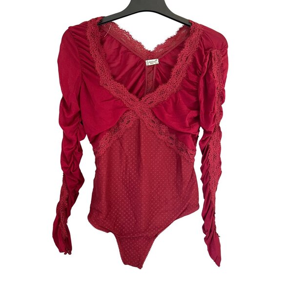 Free People Forever Young Red Lace Long-Sleeve Bodysuit Size Large - Picture 2 of 12
